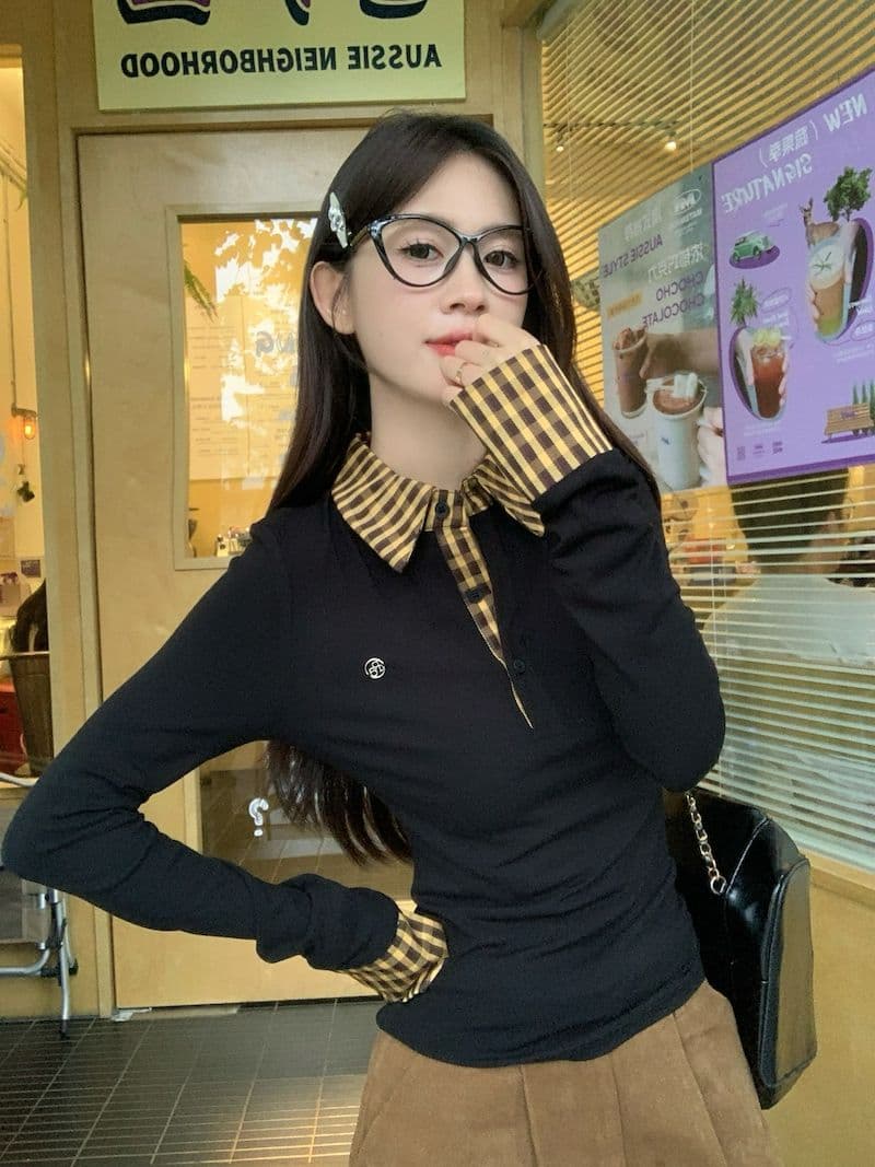 체크무늬 페이크 레이어드 긍정적 인 어깨 긴팔 티셔츠 여성 가을 몸매 가꾸기 POLO 칼라 핫걸 맨위 상세 이미지 14