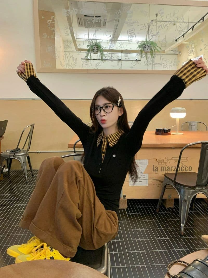 체크무늬 페이크 레이어드 긍정적 인 어깨 긴팔 티셔츠 여성 가을 몸매 가꾸기 POLO 칼라 핫걸 맨위 상세 이미지 15