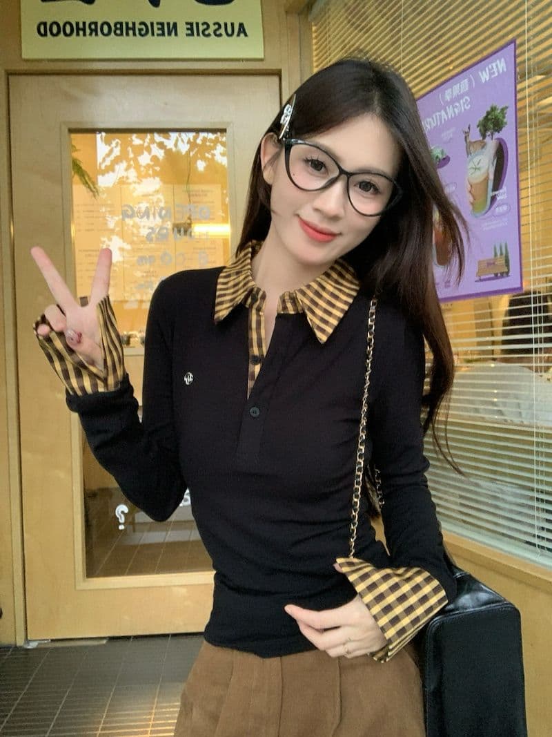 체크무늬 페이크 레이어드 긍정적 인 어깨 긴팔 티셔츠 여성 가을 몸매 가꾸기 POLO 칼라 핫걸 맨위 상세 이미지 16