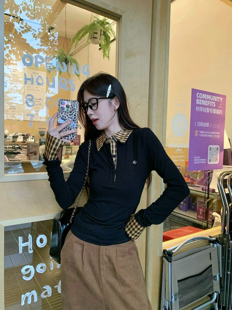 체크무늬 페이크 레이어드 긍정적 인 어깨 긴팔 티셔츠 여성 가을 몸매 가꾸기 POLO 칼라 핫걸 맨위 상세 이미지 17