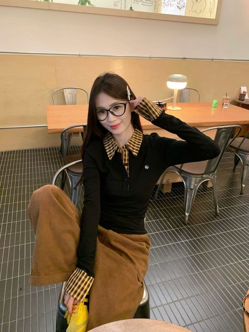 체크무늬 페이크 레이어드 긍정적 인 어깨 긴팔 티셔츠 여성 가을 몸매 가꾸기 POLO 칼라 핫걸 맨위 상세 이미지 18