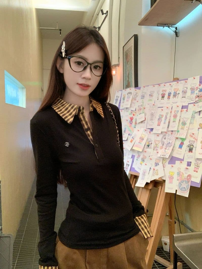 체크무늬 페이크 레이어드 긍정적 인 어깨 긴팔 티셔츠 여성 가을 몸매 가꾸기 POLO 칼라 핫걸 맨위 상세 이미지 19