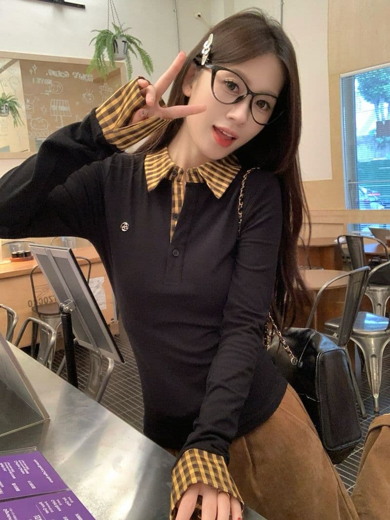체크무늬 페이크 레이어드 긍정적 인 어깨 긴팔 티셔츠 여성 가을 몸매 가꾸기 POLO 칼라 핫걸 맨위 상세 이미지 20
