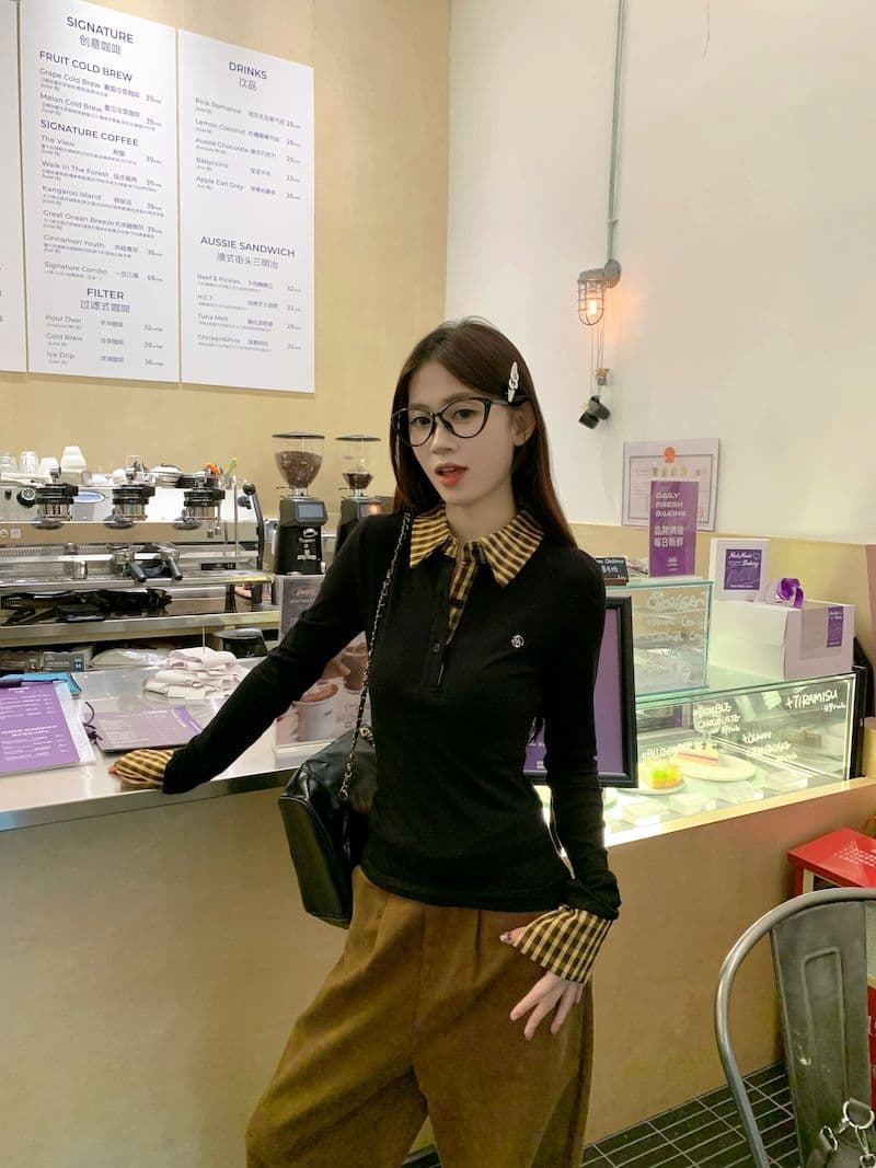 체크무늬 페이크 레이어드 긍정적 인 어깨 긴팔 티셔츠 여성 가을 몸매 가꾸기 POLO 칼라 핫걸 맨위 상세 이미지 21