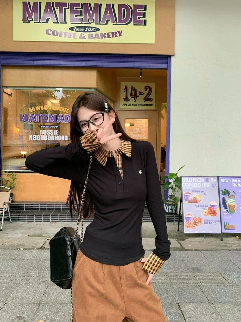 체크무늬 페이크 레이어드 긍정적 인 어깨 긴팔 티셔츠 여성 가을 몸매 가꾸기 POLO 칼라 핫걸 맨위 상세 이미지 22