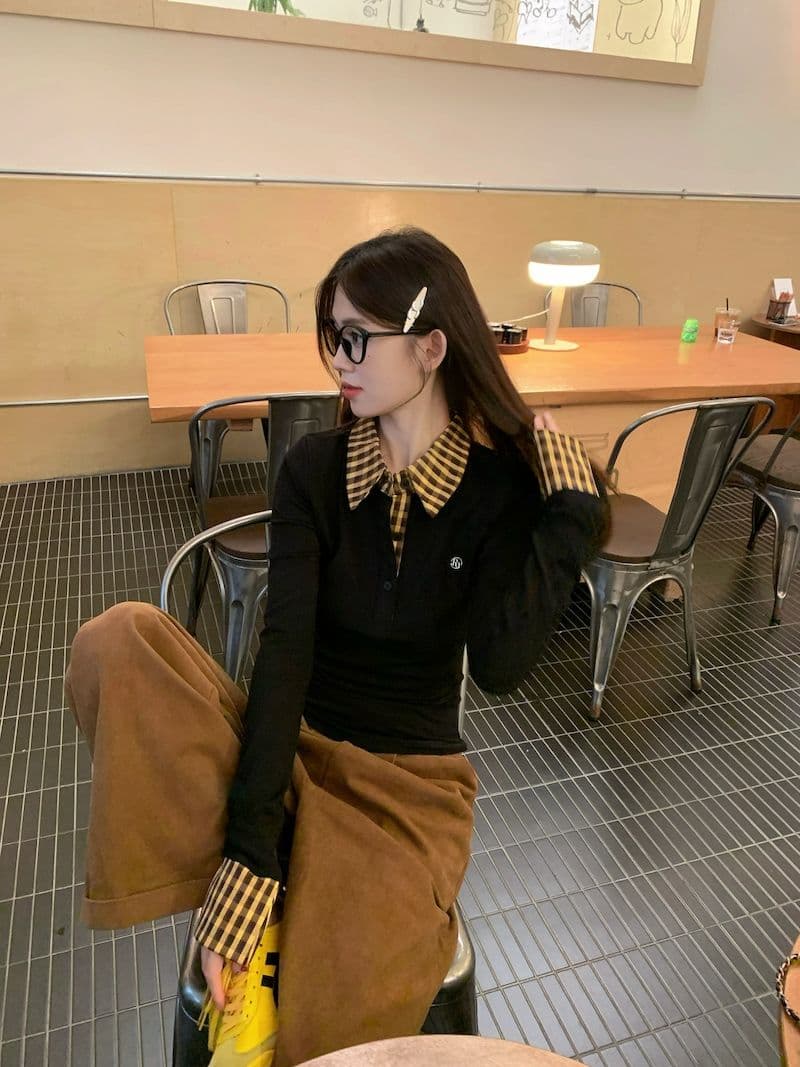 체크무늬 페이크 레이어드 긍정적 인 어깨 긴팔 티셔츠 여성 가을 몸매 가꾸기 POLO 칼라 핫걸 맨위 상세 이미지 25