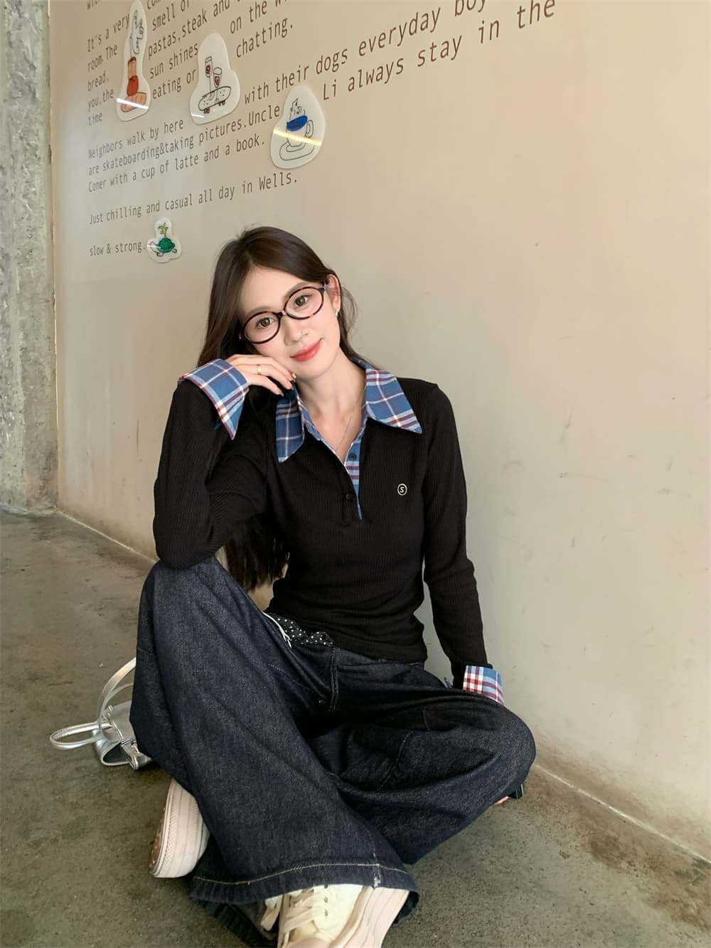 체크무늬 페이크 레이어드 긍정적 인 어깨 긴팔 티셔츠 여성 가을 몸매 가꾸기 POLO 칼라 핫걸 맨위 상세 이미지 32