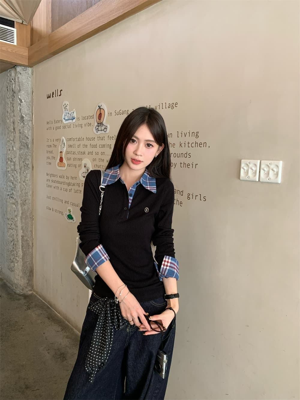 체크무늬 페이크 레이어드 긍정적 인 어깨 긴팔 티셔츠 여성 가을 몸매 가꾸기 POLO 칼라 핫걸 맨위 상세 이미지 34