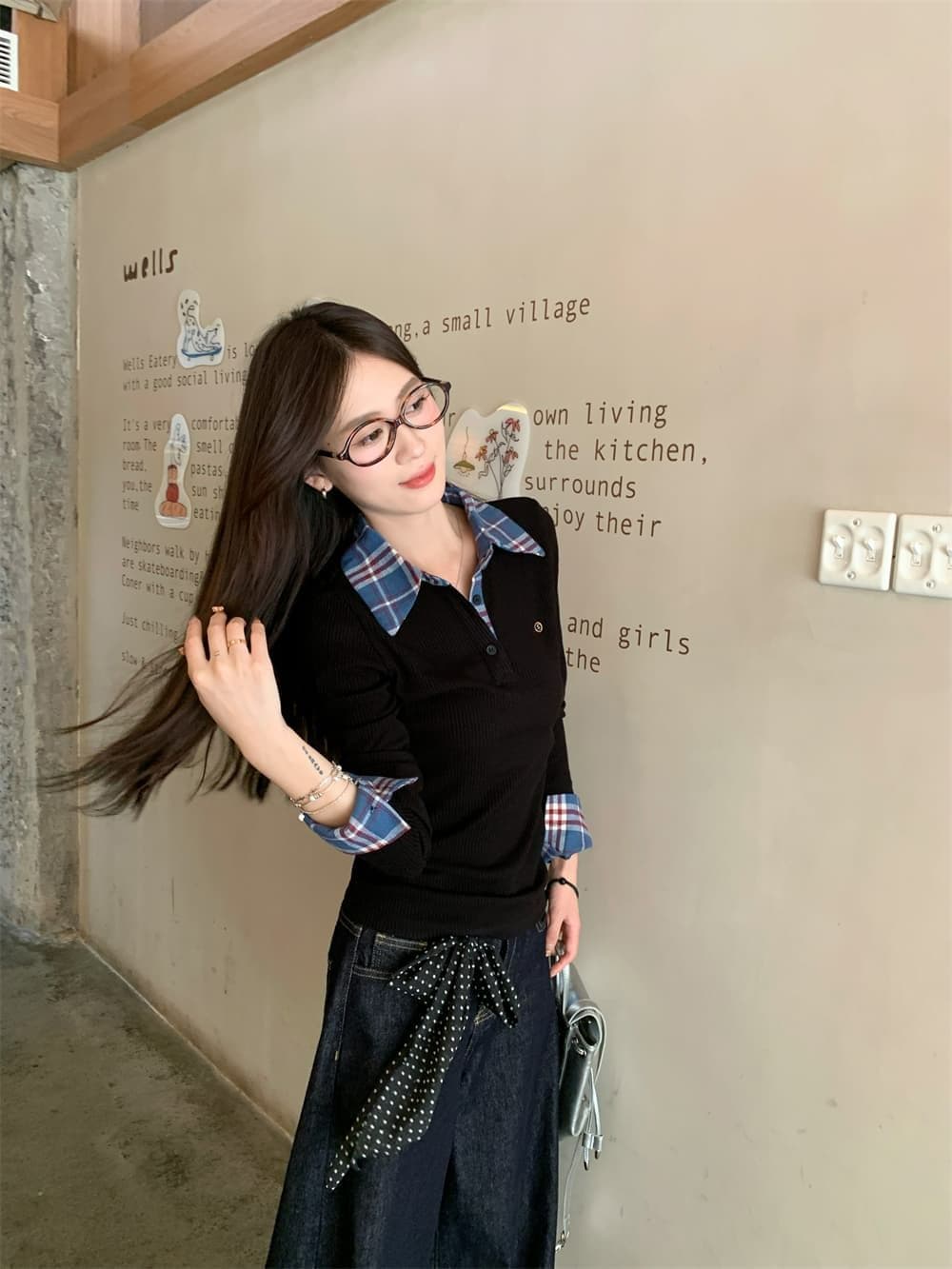 체크무늬 페이크 레이어드 긍정적 인 어깨 긴팔 티셔츠 여성 가을 몸매 가꾸기 POLO 칼라 핫걸 맨위 상세 이미지 38