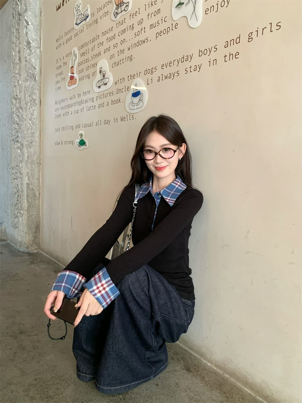 체크무늬 페이크 레이어드 긍정적 인 어깨 긴팔 티셔츠 여성 가을 몸매 가꾸기 POLO 칼라 핫걸 맨위 상세 이미지 40