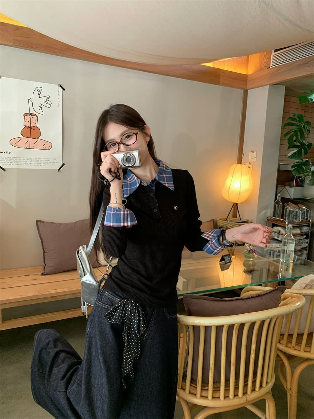 체크무늬 페이크 레이어드 긍정적 인 어깨 긴팔 티셔츠 여성 가을 몸매 가꾸기 POLO 칼라 핫걸 맨위 상세 이미지 43