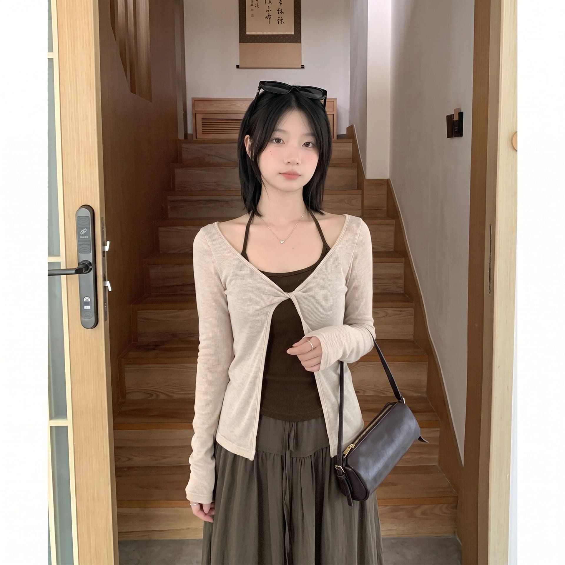 주간 실크 경기 260 그램 사람들 면 행침 목 조끼 비틀림 긴팔 블라우스 맨위 투피스 세트 이미지 3