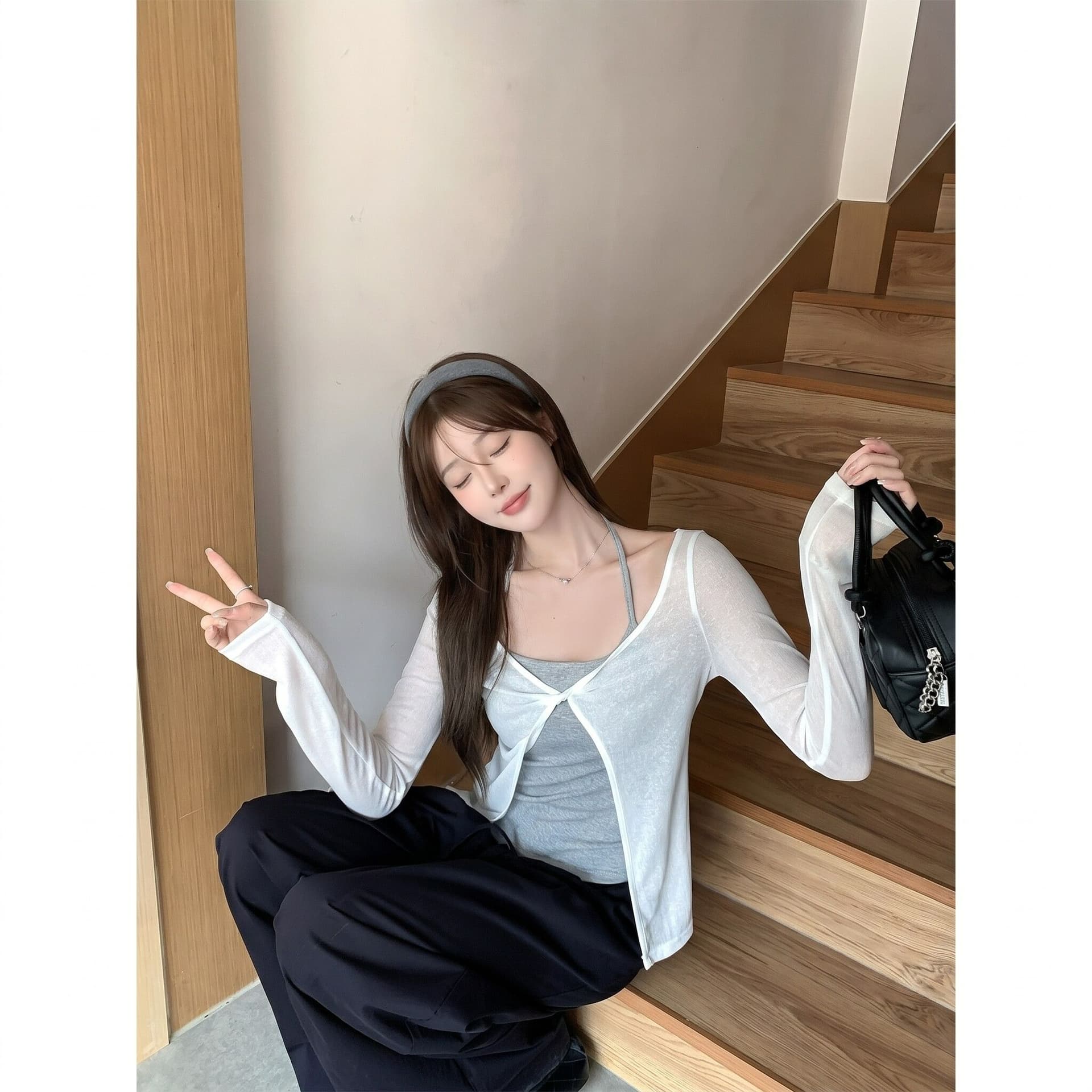 주간 실크 경기 260 그램 사람들 면 행침 목 조끼 비틀림 긴팔 블라우스 맨위 투피스 세트 이미지 5