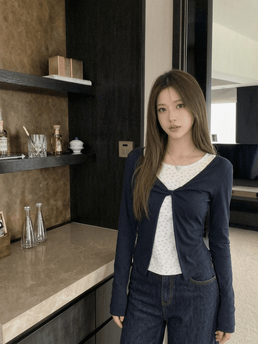 한 부서 달콤함 꽃무늬 페이크 레이어드 긴팔 티셔츠 여성 봄 가을 디자인 센스 슬림해 보이는 맨위 상세 이미지 2