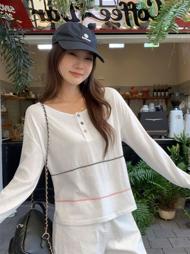 원본 원단 얇은 스타일 미니멀리즘 라인 느긋한 바람 자외선 차단 블라우스 티셔츠 여성 가을 루즈핏 슬림해 보이는 다용도 맨위 상세 이미지 3