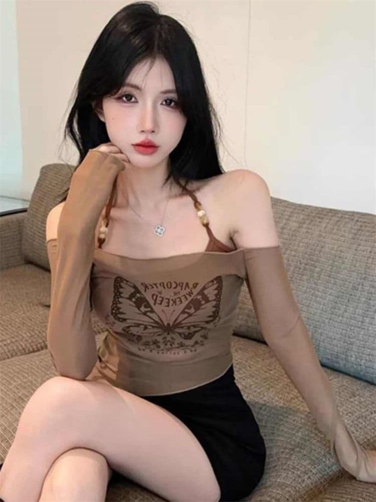 메시 원단 레트로 나비 프린트 오프숄더 망사 긴 소매 티셔츠 작은 대중 핫걸 스택 착용 슬림해 보이는 오프숄더 맨위 이미지 2