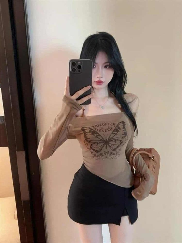 메시 원단 레트로 나비 프린트 오프숄더 망사 긴 소매 티셔츠 작은 대중 핫걸 스택 착용 슬림해 보이는 오프숄더 맨위 이미지 4