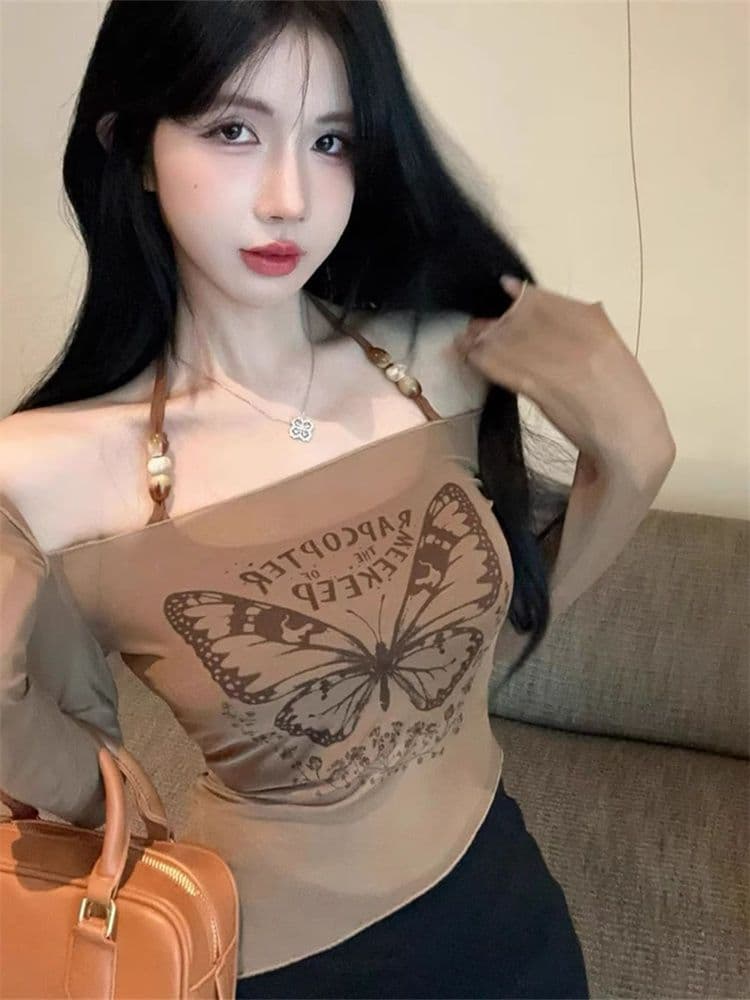 메시 원단 레트로 나비 프린트 오프숄더 망사 긴 소매 티셔츠 작은 대중 핫걸 스택 착용 슬림해 보이는 오프숄더 맨위 상세 이미지 2