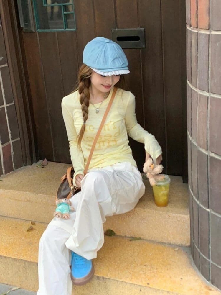 주간 실크 아마 달콤한 매운맛 몸매 가꾸기 알파벳 프린트 긴팔 티셔츠 슬림해 보이는 긍정적 인 어깨 인사이드 가져 가라. 작은 대중 맨위 ins 트렌디 상세 이미지 5