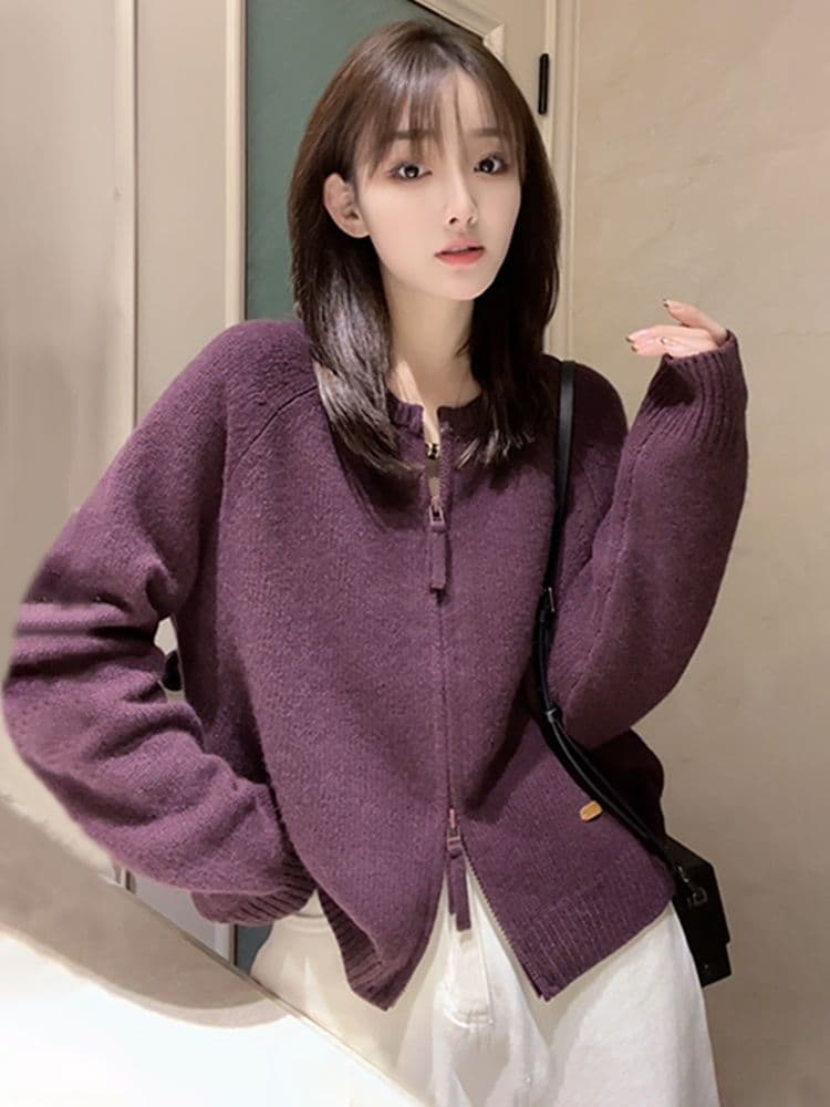 이른 가을 더블 지퍼 빨간색 스웨터 니트 스웨터 여성 2026 새로운 가을 겨울철 카디건 코트 외국 가스 루즈핏 맨위 이미지 2