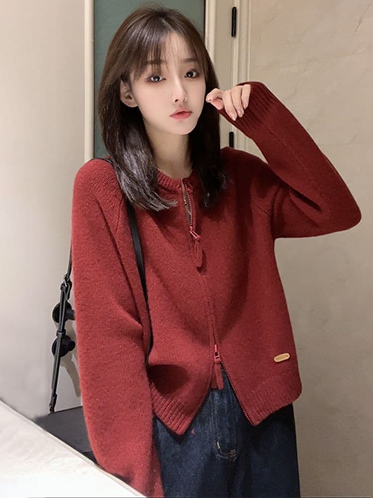 이른 가을 더블 지퍼 빨간색 스웨터 니트 스웨터 여성 2026 새로운 가을 겨울철 카디건 코트 외국 가스 루즈핏 맨위 상세 이미지 2