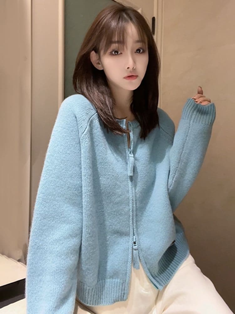 이른 가을 더블 지퍼 빨간색 스웨터 니트 스웨터 여성 2026 새로운 가을 겨울철 카디건 코트 외국 가스 루즈핏 맨위 상세 이미지 4