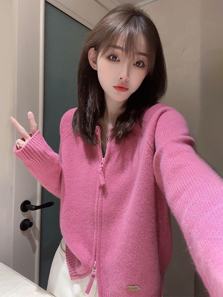이른 가을 더블 지퍼 빨간색 스웨터 니트 스웨터 여성 2026 새로운 가을 겨울철 카디건 코트 외국 가스 루즈핏 맨위 상세 이미지 5