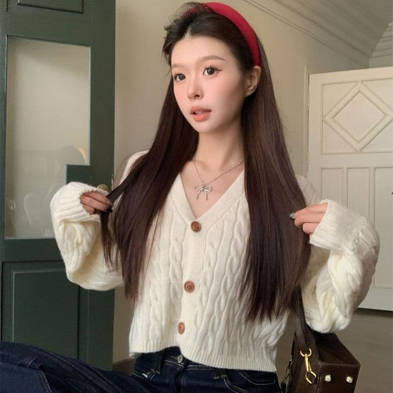 항구 바람 레트로 V넥 꽈배기 스웨터 여성 코트 가을 겨울 새로운 세련된 외국 가스 루즈핏 느긋한 니트 스웨터 맨위