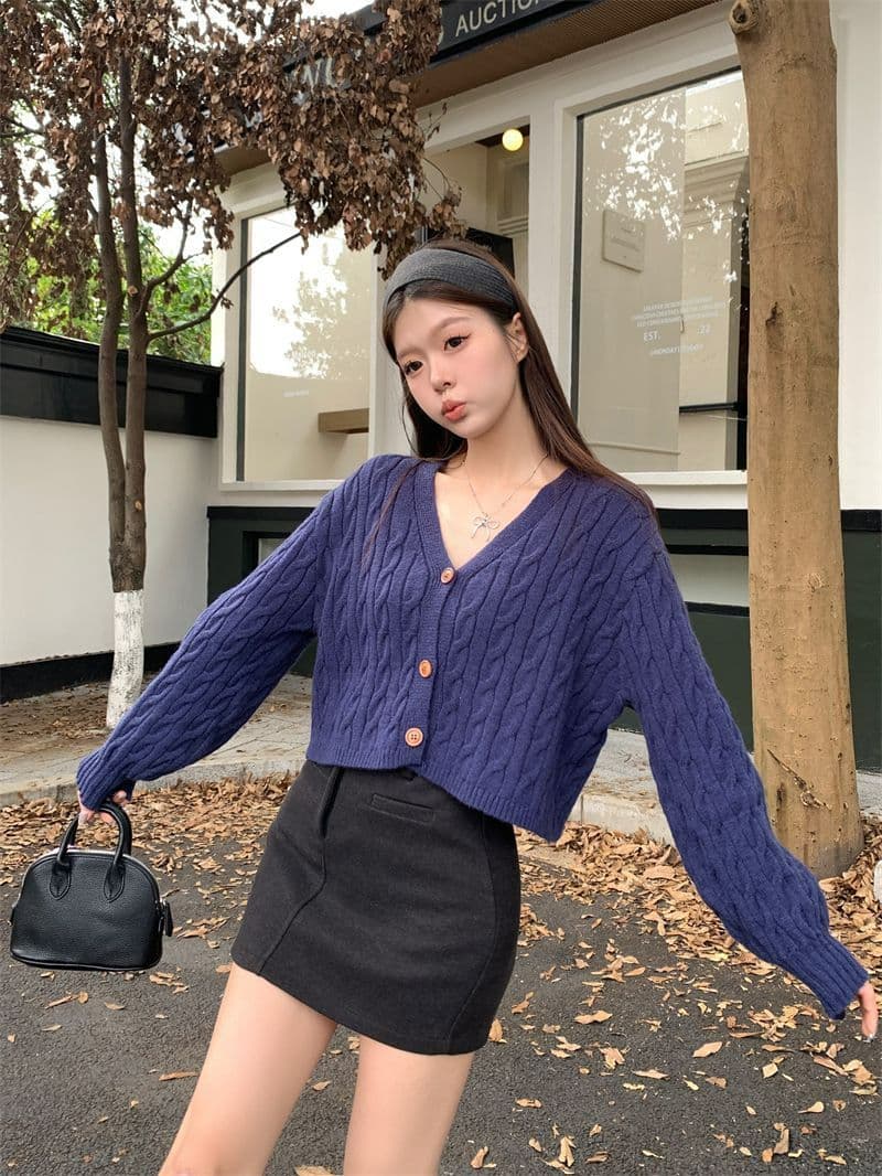 항구 바람 레트로 V넥 꽈배기 스웨터 여성 코트 가을 겨울 새로운 세련된 외국 가스 루즈핏 느긋한 니트 스웨터 맨위 이미지 2