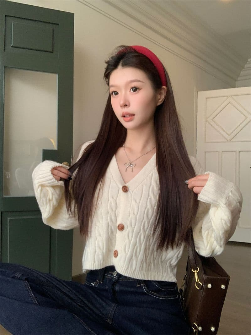 항구 바람 레트로 V넥 꽈배기 스웨터 여성 코트 가을 겨울 새로운 세련된 외국 가스 루즈핏 느긋한 니트 스웨터 맨위 상세 이미지 1
