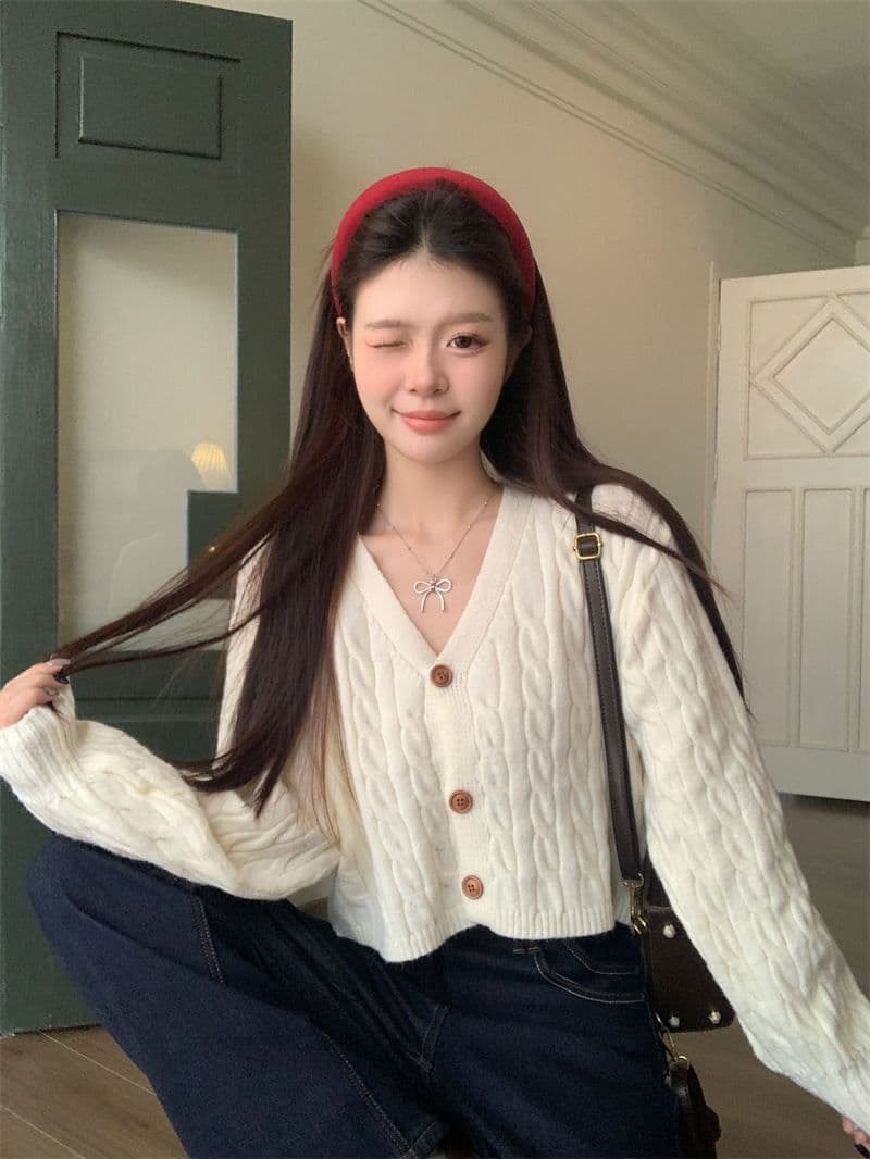 항구 바람 레트로 V넥 꽈배기 스웨터 여성 코트 가을 겨울 새로운 세련된 외국 가스 루즈핏 느긋한 니트 스웨터 맨위 상세 이미지 3
