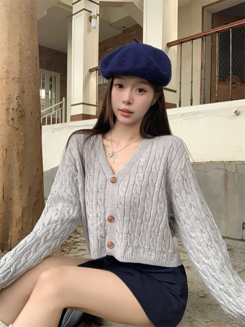 항구 바람 레트로 V넥 꽈배기 스웨터 여성 코트 가을 겨울 새로운 세련된 외국 가스 루즈핏 느긋한 니트 스웨터 맨위 상세 이미지 6