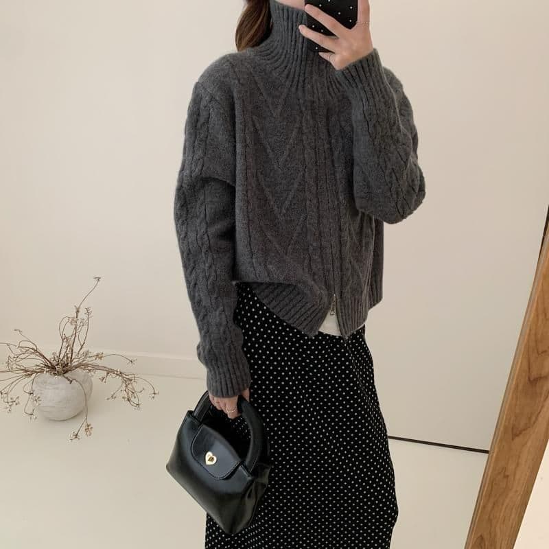 회색 터틀넥 꽈배기 지퍼 스웨터 오픈 가디건 여성 가을 겨울 새로운 품격 디자인 센스 쇼트 스타일 폴로 칼라 니트 재킷 이미지 3