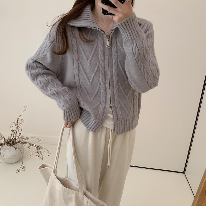 회색 터틀넥 꽈배기 지퍼 스웨터 오픈 가디건 여성 가을 겨울 새로운 품격 디자인 센스 쇼트 스타일 폴로 칼라 니트 재킷 상세 이미지 3
