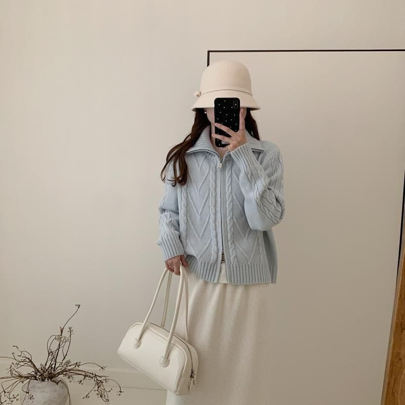 회색 터틀넥 꽈배기 지퍼 스웨터 오픈 가디건 여성 가을 겨울 새로운 품격 디자인 센스 쇼트 스타일 폴로 칼라 니트 재킷 상세 이미지 8