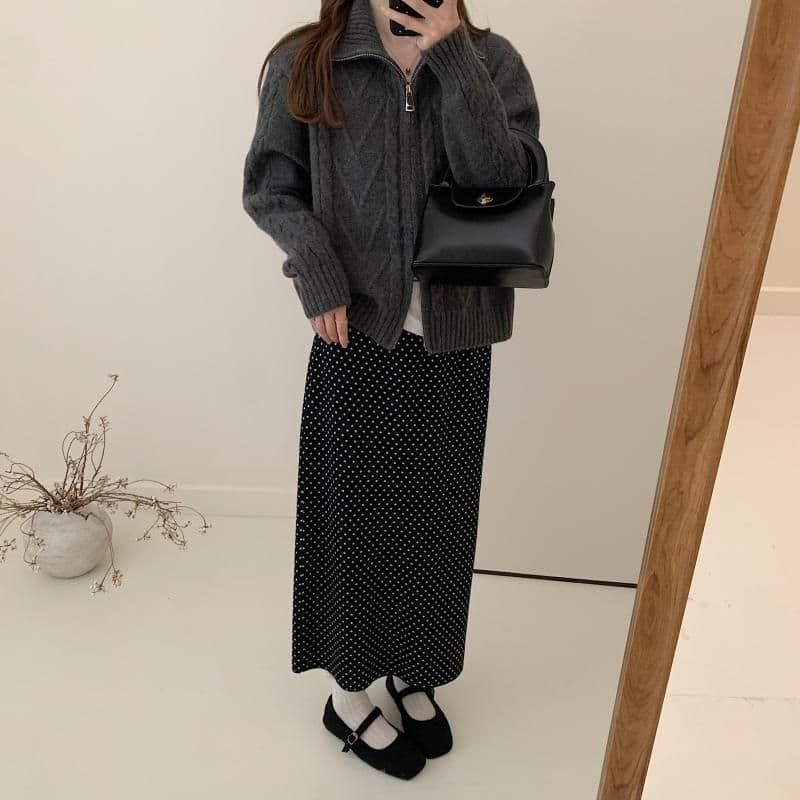 회색 터틀넥 꽈배기 지퍼 스웨터 오픈 가디건 여성 가을 겨울 새로운 품격 디자인 센스 쇼트 스타일 폴로 칼라 니트 재킷 상세 이미지 12