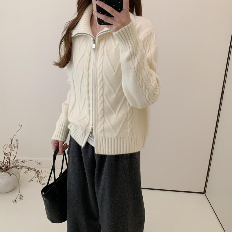 회색 터틀넥 꽈배기 지퍼 스웨터 오픈 가디건 여성 가을 겨울 새로운 품격 디자인 센스 쇼트 스타일 폴로 칼라 니트 재킷 상세 이미지 13