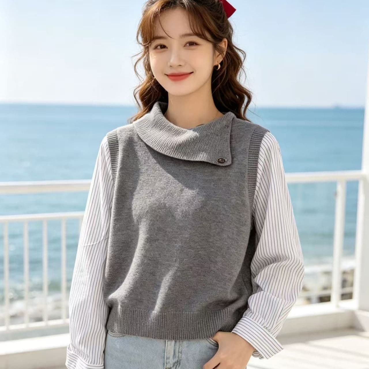 2026 년 가을 디자인 센스 뒤집다 비스듬한 칼라 페이크 레이어드 패치워크 니트 풀오버 긴팔
