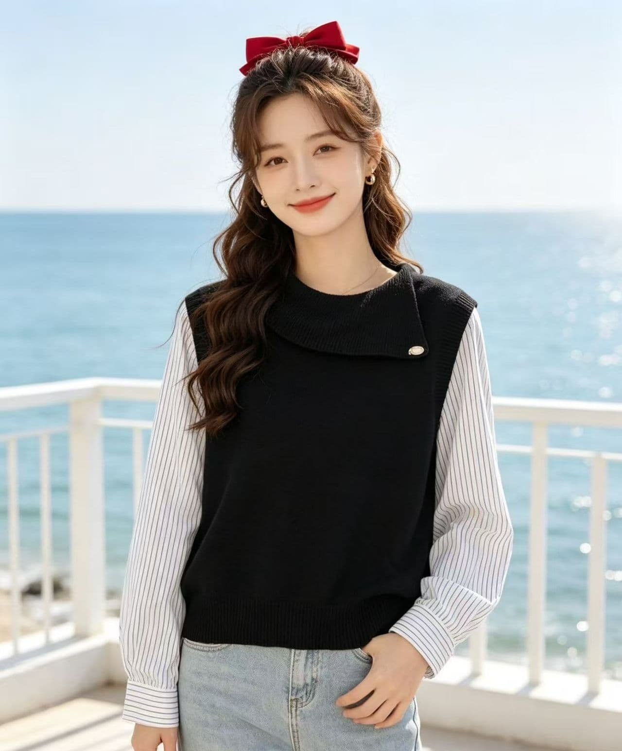 2026 년 가을 디자인 센스 뒤집다 비스듬한 칼라 페이크 레이어드 패치워크 니트 풀오버 긴팔 이미지 3