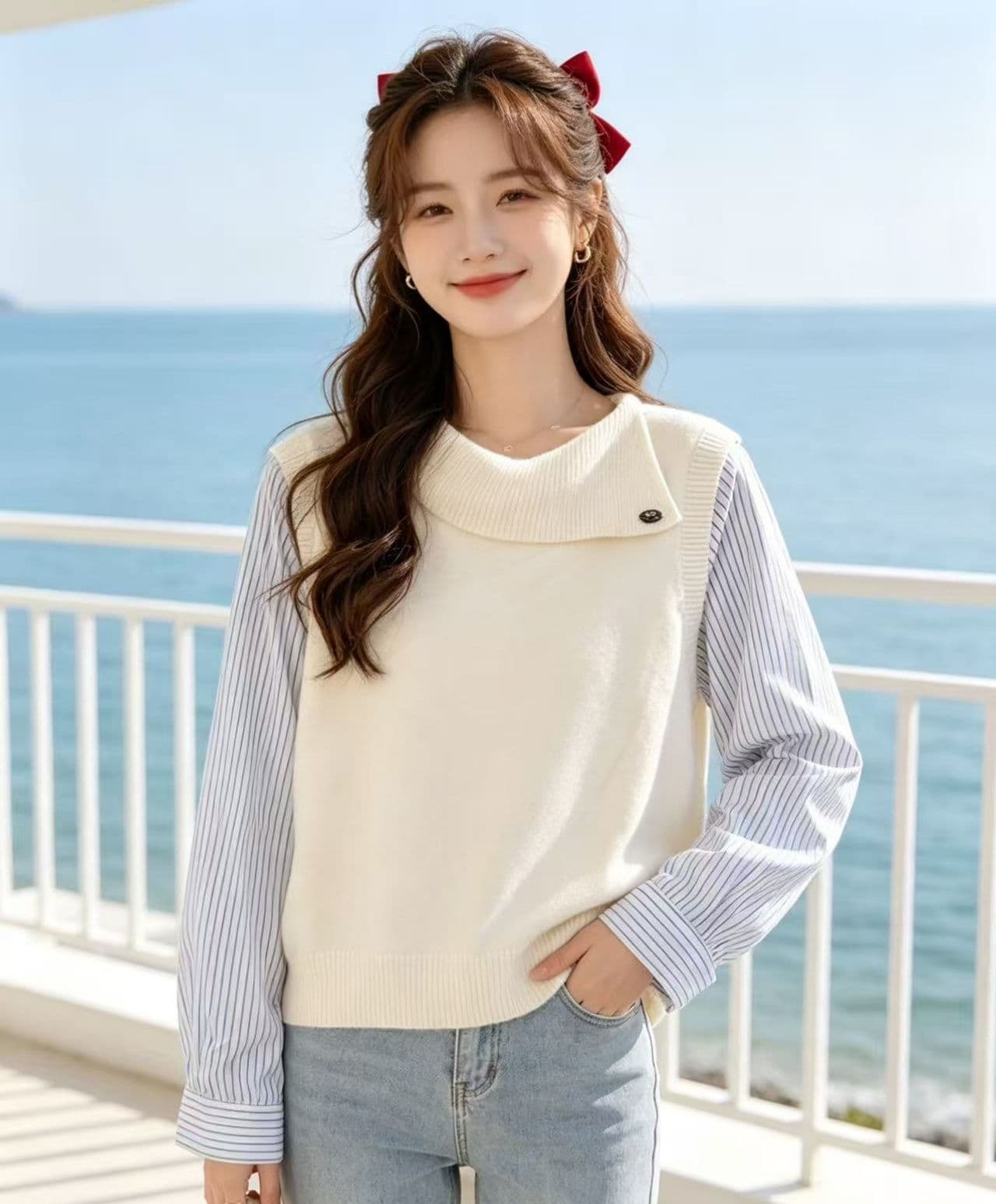 2026 년 가을 디자인 센스 뒤집다 비스듬한 칼라 페이크 레이어드 패치워크 니트 풀오버 긴팔 이미지 2