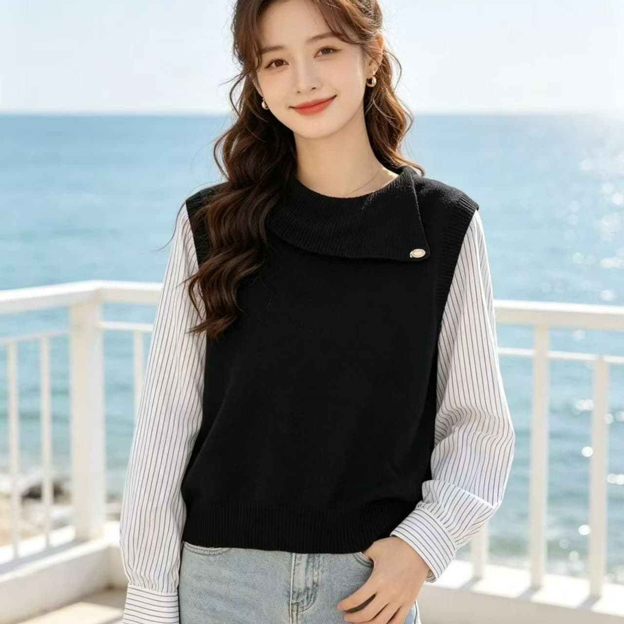 2026 년 가을 디자인 센스 뒤집다 비스듬한 칼라 페이크 레이어드 패치워크 니트 풀오버 긴팔 이미지 5