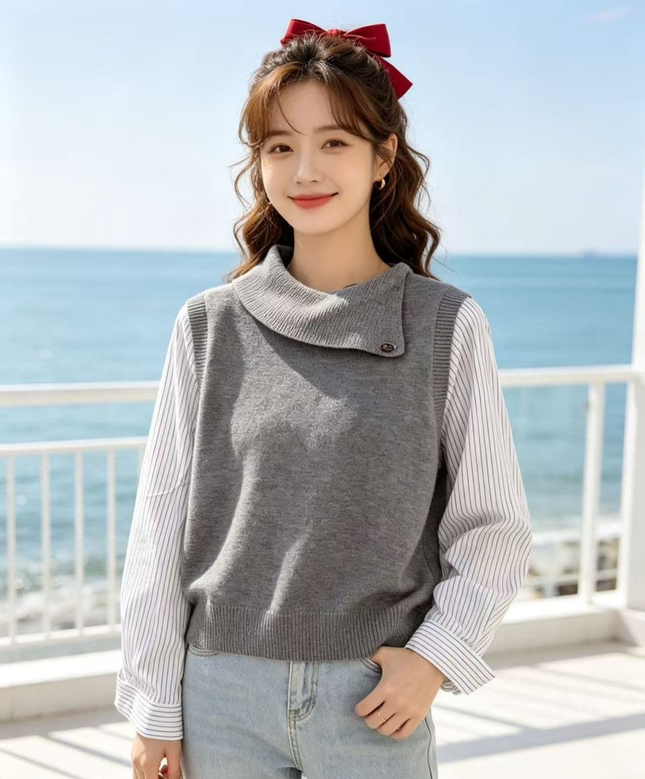 2026 년 가을 디자인 센스 뒤집다 비스듬한 칼라 페이크 레이어드 패치워크 니트 풀오버 긴팔 상세 이미지 3