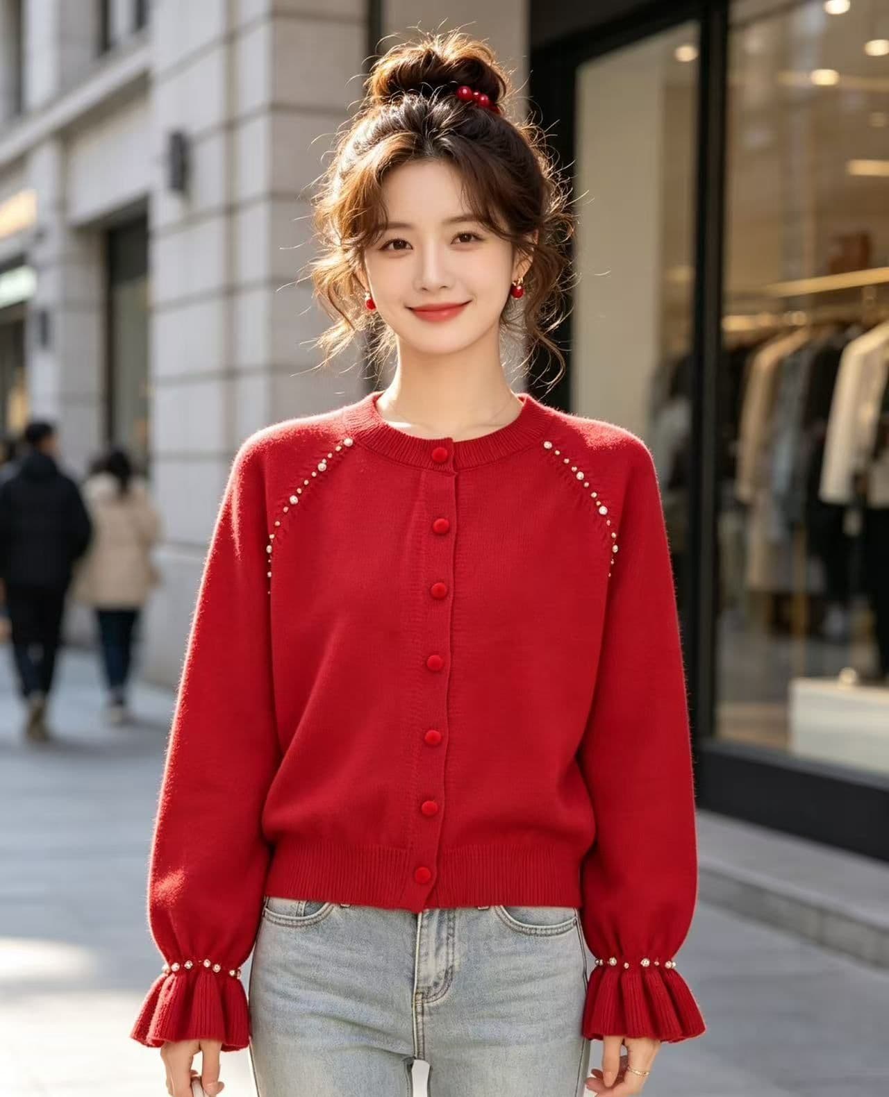 2026 가을 새로운 라운드 넥 단추 꽃잎 커프스 비즈 박기 니트 긴 소매 오픈 가디건 이미지 3