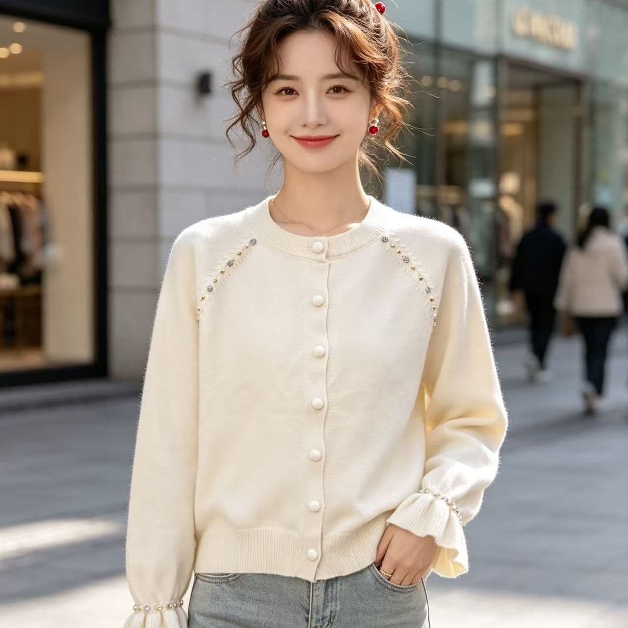 2026 가을 새로운 라운드 넥 단추 꽃잎 커프스 비즈 박기 니트 긴 소매 오픈 가디건