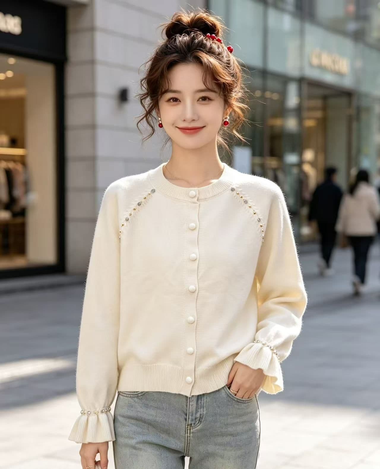 2026 가을 새로운 라운드 넥 단추 꽃잎 커프스 비즈 박기 니트 긴 소매 오픈 가디건 상세 이미지 5