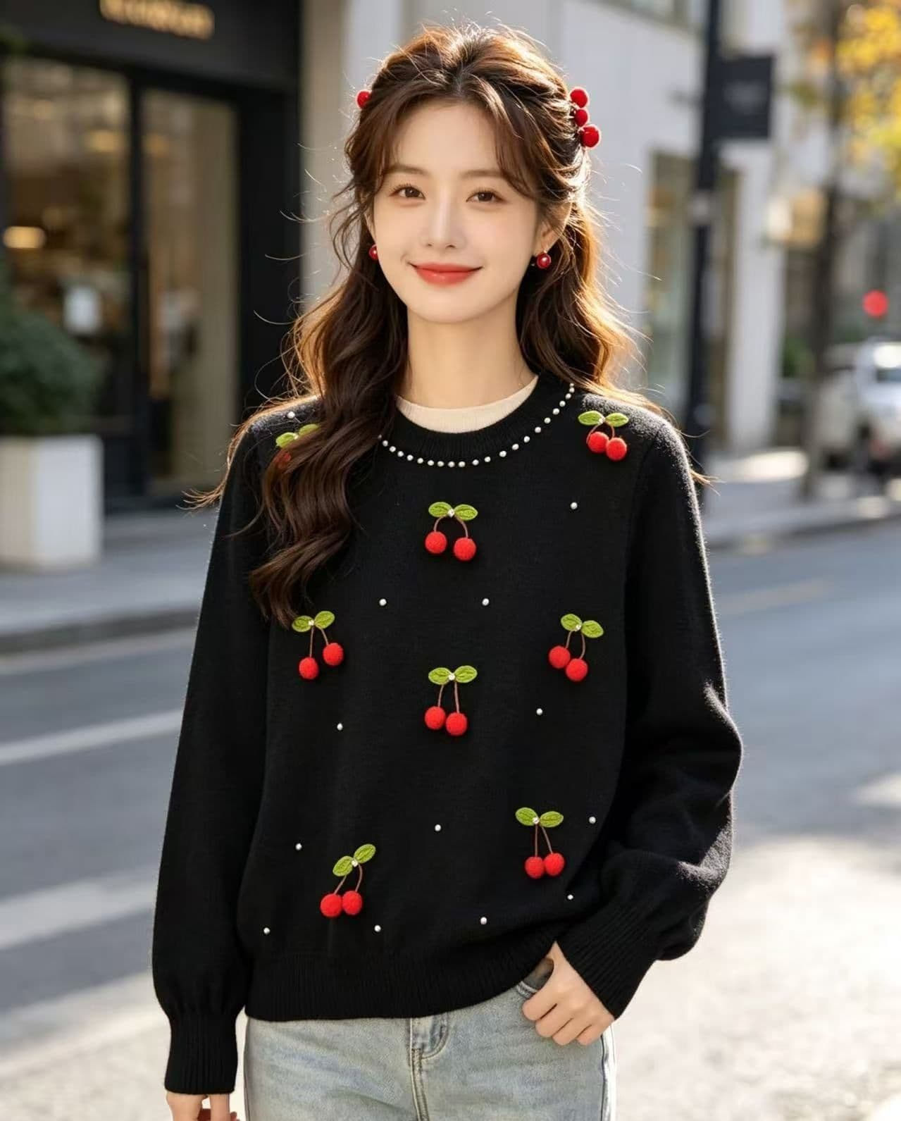 2026 가을 패션 무거운 작업 체리 장식 비즈 박기 니트 풀오버 긴팔 상세 이미지 3