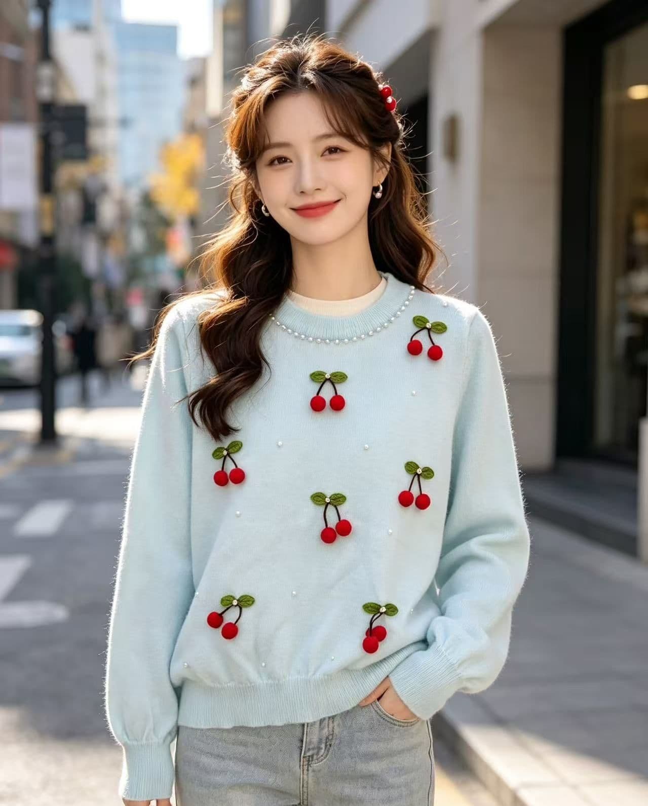 2026 가을 패션 무거운 작업 체리 장식 비즈 박기 니트 풀오버 긴팔 상세 이미지 4