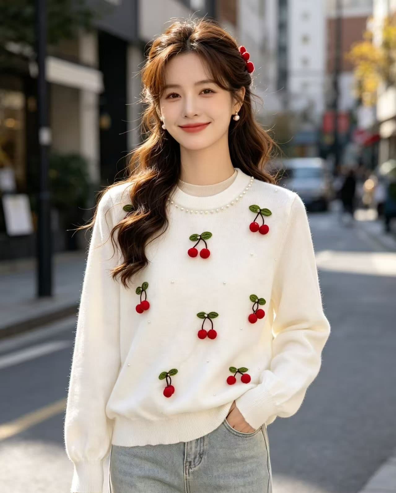 2026 가을 패션 무거운 작업 체리 장식 비즈 박기 니트 풀오버 긴팔 상세 이미지 6
