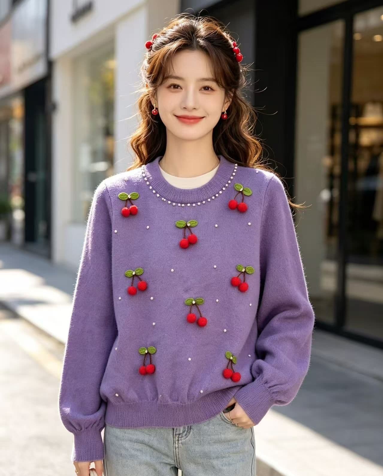 2026 가을 패션 무거운 작업 체리 장식 비즈 박기 니트 풀오버 긴팔 상세 이미지 7