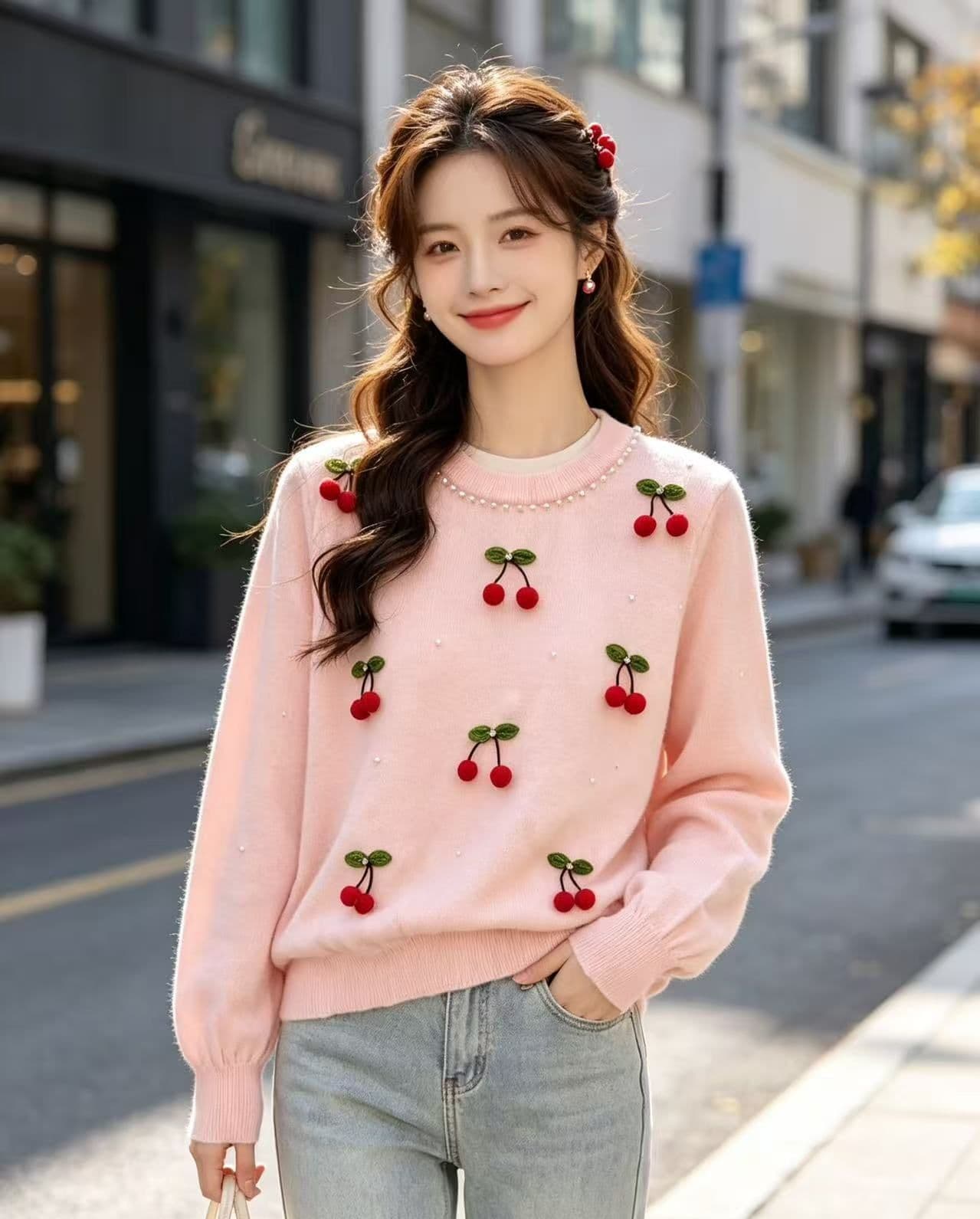2026 가을 패션 무거운 작업 체리 장식 비즈 박기 니트 풀오버 긴팔 상세 이미지 8